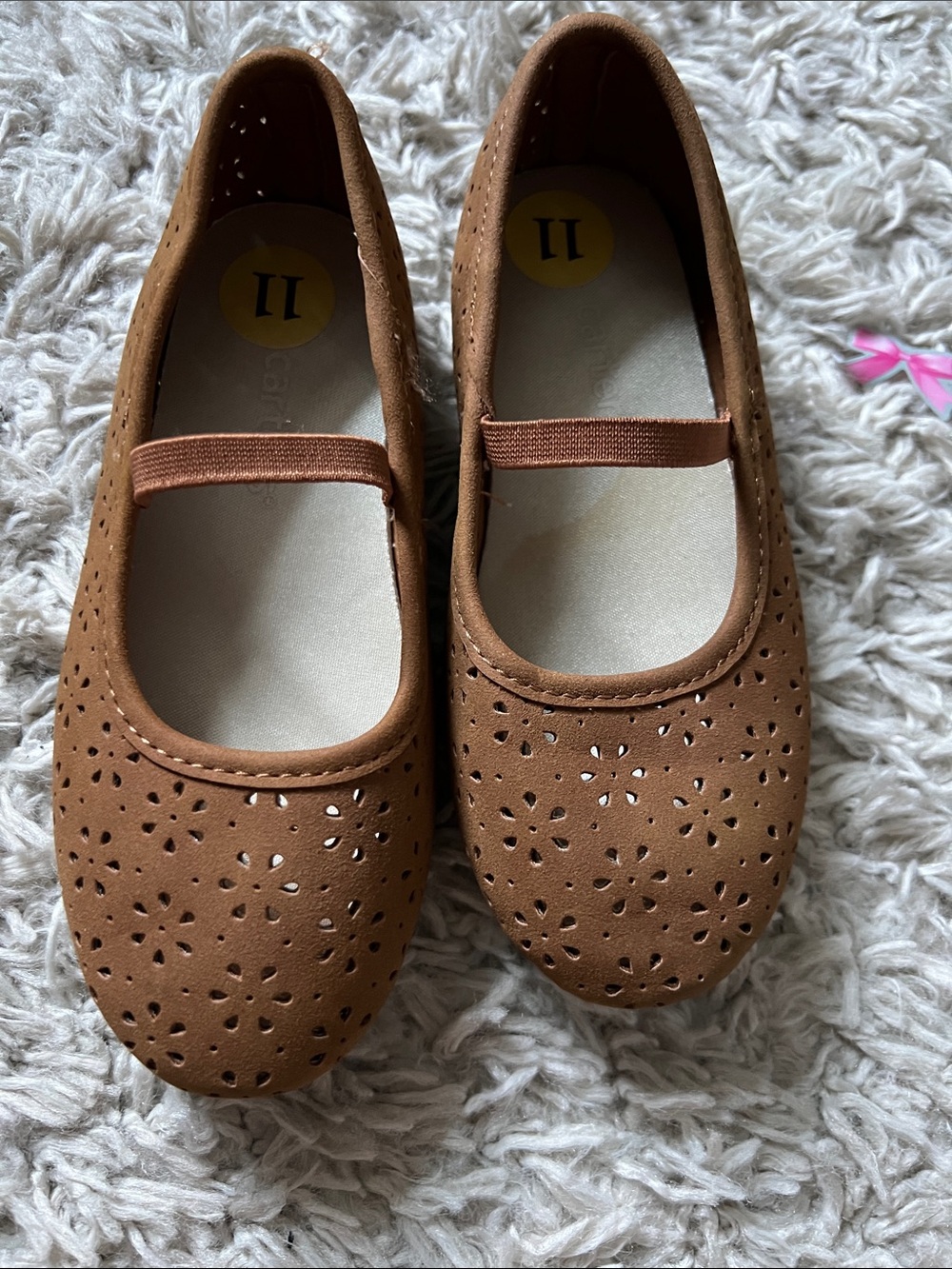 Carter's Tan/Brown Girls' Mary Jane Ballet Flats with Perforated Floral Detail